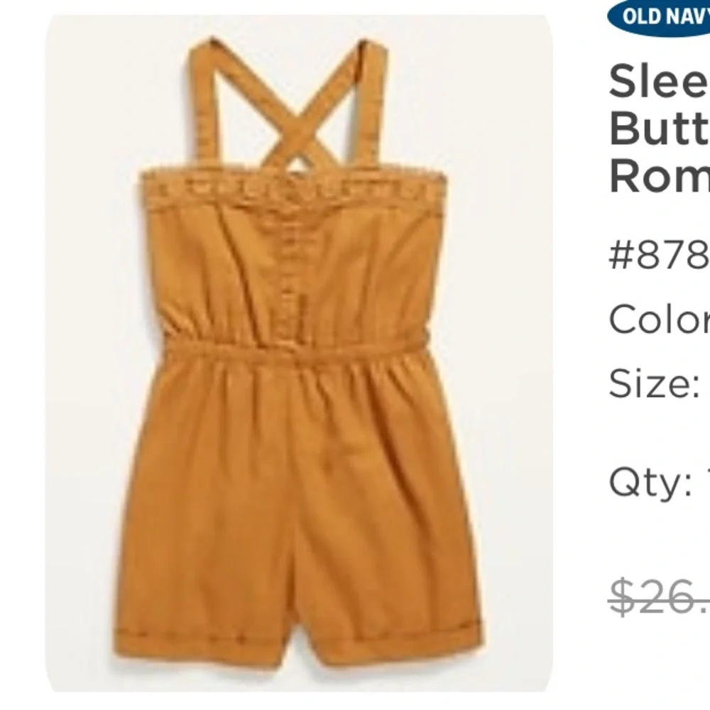 Old Navy sleeveless linen-blend button-front cross-back romper for girls NEW